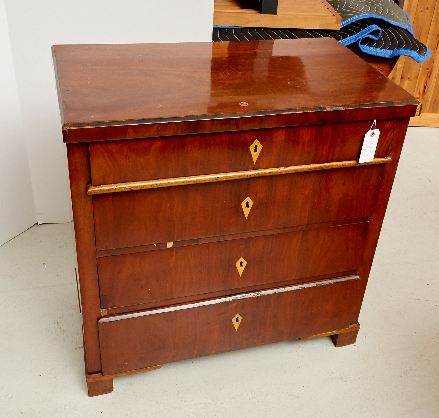 Appraisal: BIEDERMEIER MAHOGANY INLAID COMMODE th c with satinwood inlaid escutcheons