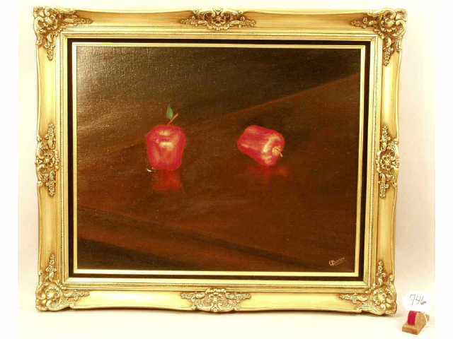 Appraisal: Still life oil on canvas of apples on table top