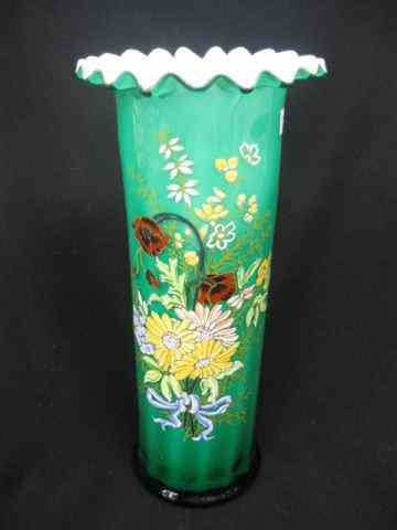 Appraisal: Victorian Enameled Art Glass Vase floral bouquet on emerald cased