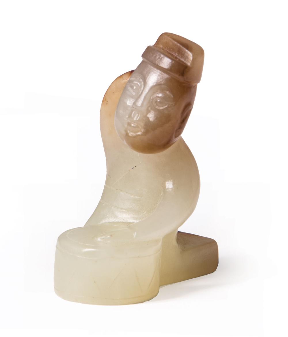 Appraisal: Chinese Han-Style Celadon and Russet Jade Figure of a Musician