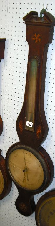 Appraisal: Mahogany inlaid wheel barometer thermometer the silvered dial signed J