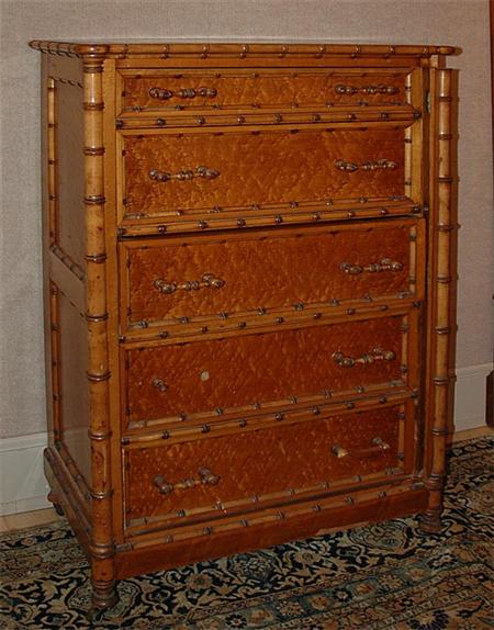 Appraisal: Faux Bamboo Decorated Fruitwood Wellington Chest Estimate -