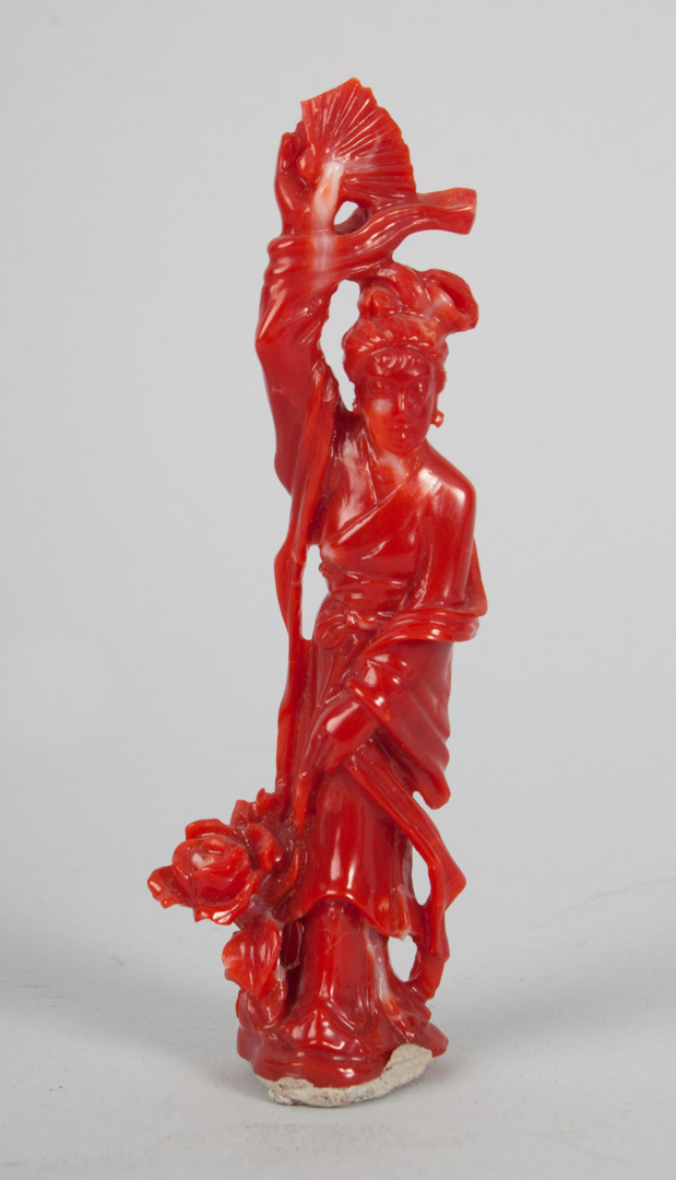 Appraisal: Chinese carved red coral Quan-Yin in H with wood base