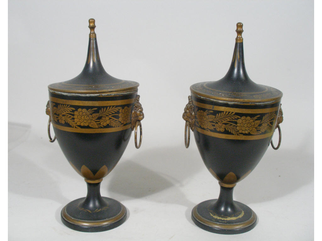 Appraisal: Pair of Toleware Lidded Urns c painted black w band