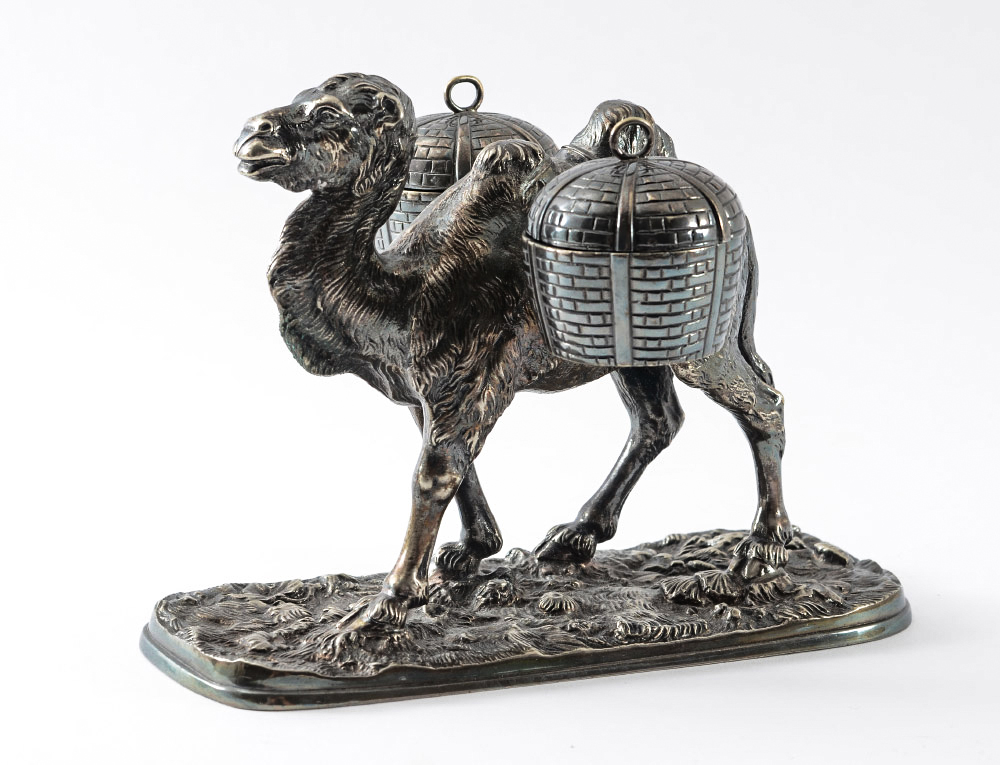 Appraisal: SILVERPLATE CAMEL FIGURAL INK STAND Figure of a standing camel