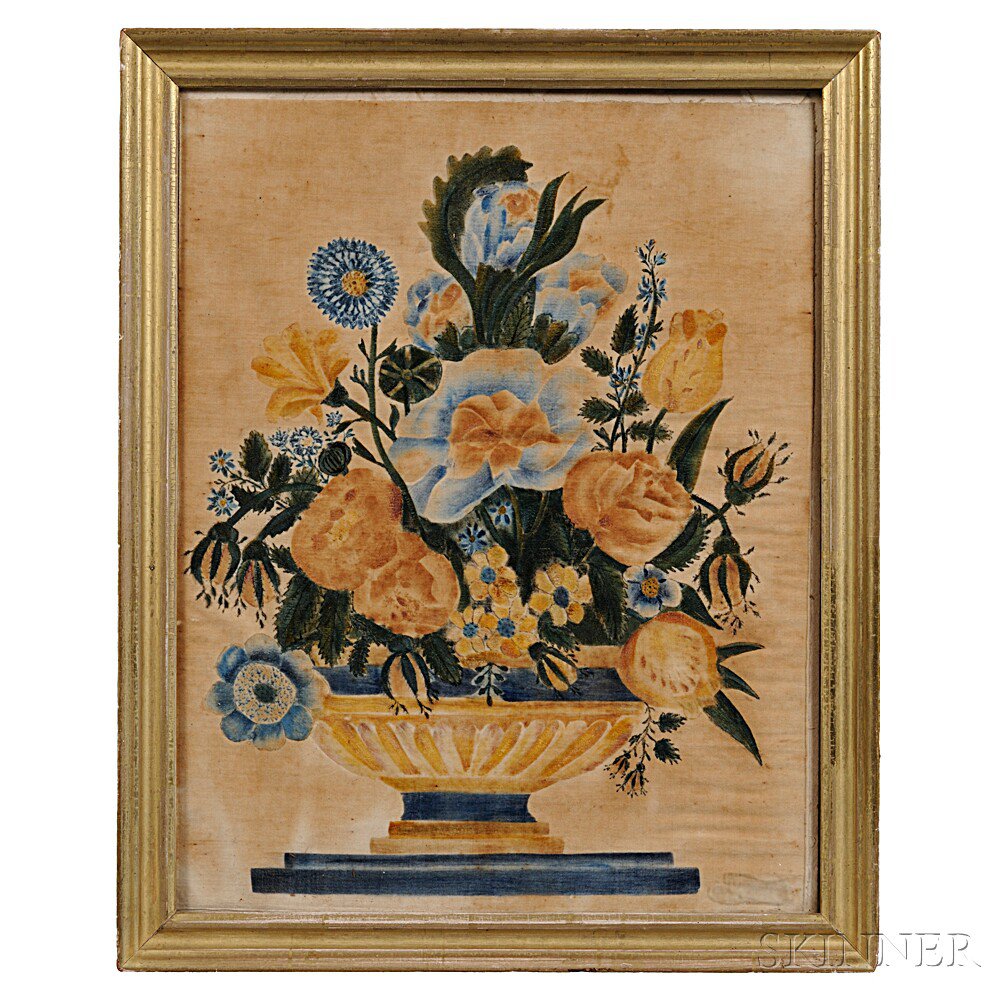 Appraisal: Watercolor on Velvet Theorem with a Compote of Flowers America