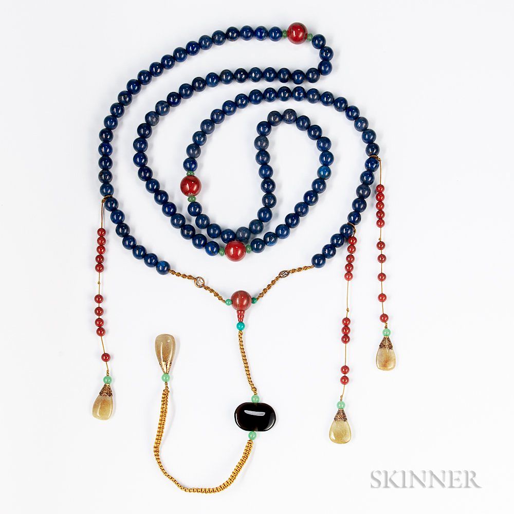 Appraisal: Lapis Lazuli and Carnelian Court Necklace Chao Zhu Lapis Lazuli