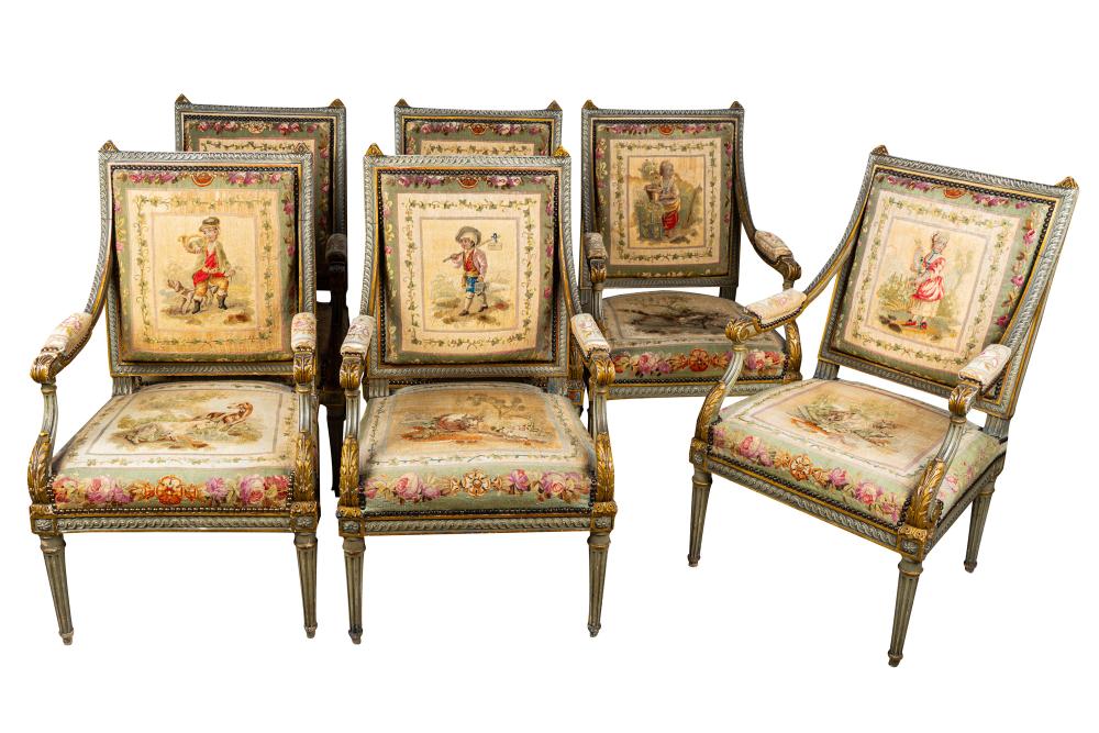 Appraisal: SIX LOUIS XVI PAINTED AUBUSSON TAPESTRY FAUTEUILSCondition with wear to