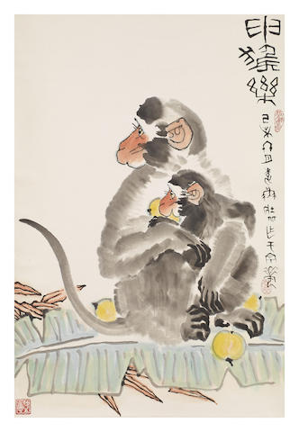 Appraisal: Li Yan - MonkeysInk and colour on paper hanging scrollSigned