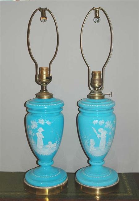 Appraisal: Pair of Mary Gregory Style Blue Glass Lamps Estimate -