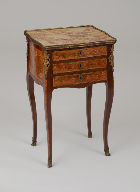 Appraisal: LOUIS XV GILT-BRONZE-MOUNTED MAHOGANY AND TULIPWOOD MARQUETRY TABLE EN CHIFFONI