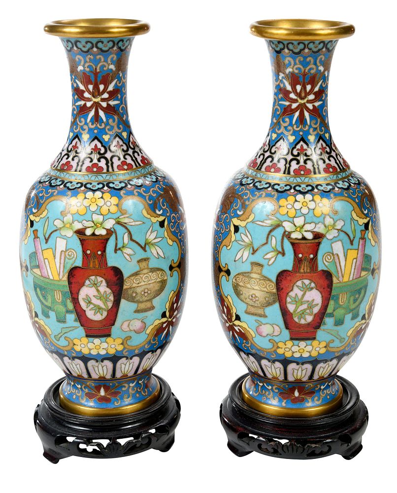 Appraisal: Pair of Cloisonn Vases th century azure ground with polychrome