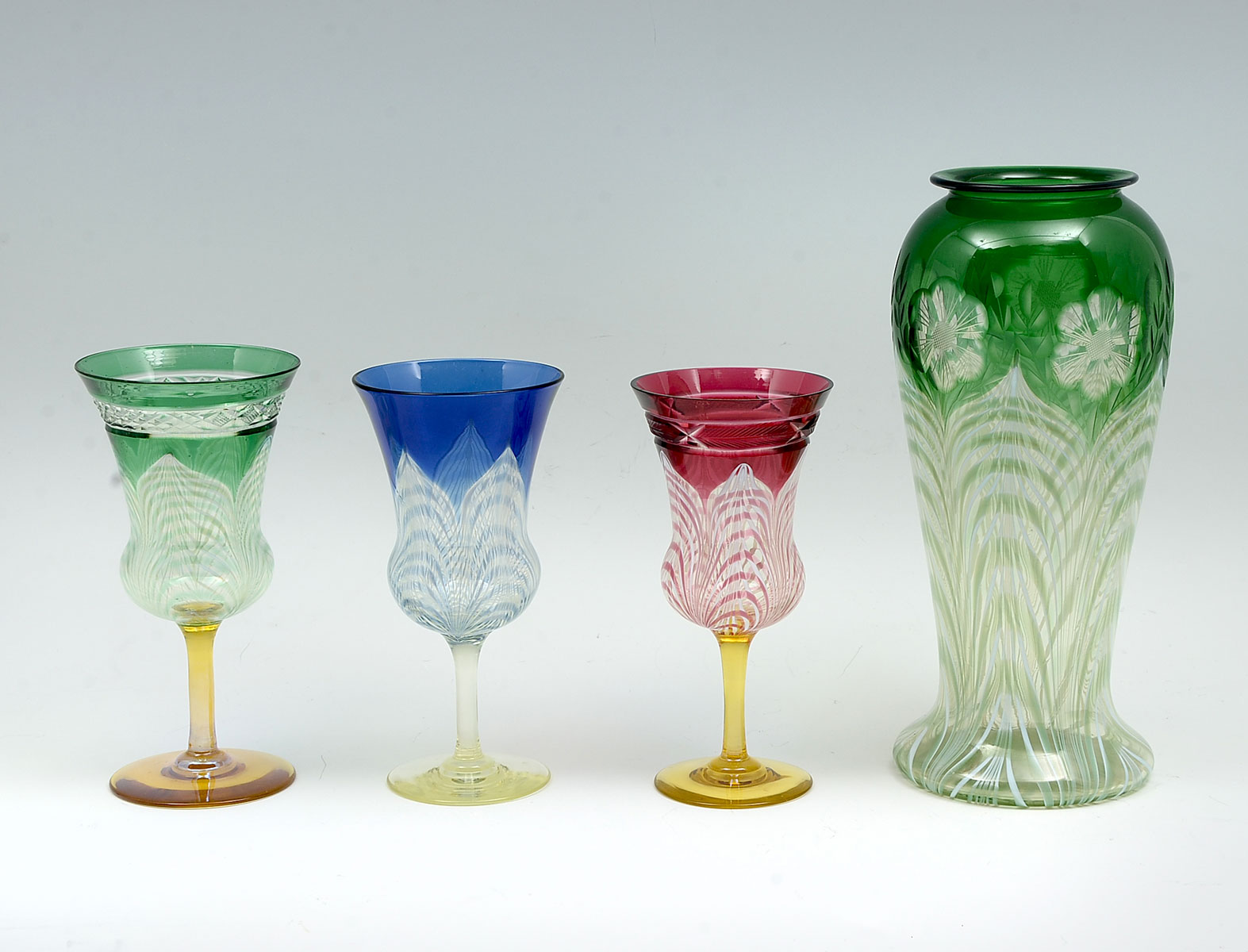 Appraisal: PC DURAND PULLED FEATHER AND WHEEL ENGRAVED VASE GOBLETS To