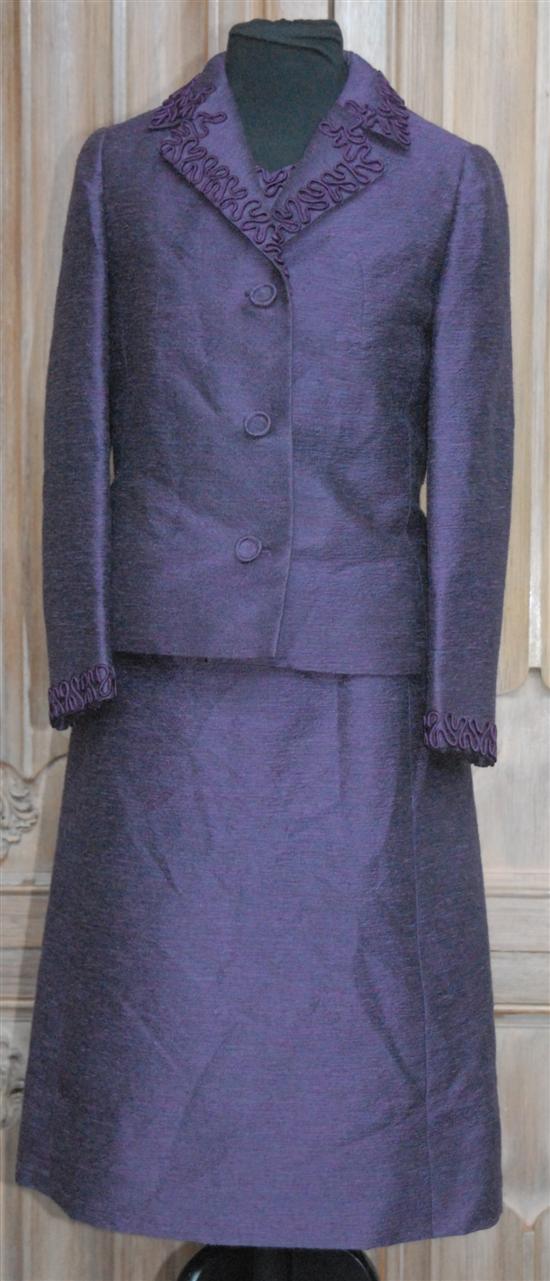 Appraisal: SILK DRESS MATCHING JACKET Grape deep purple black braiding sizes