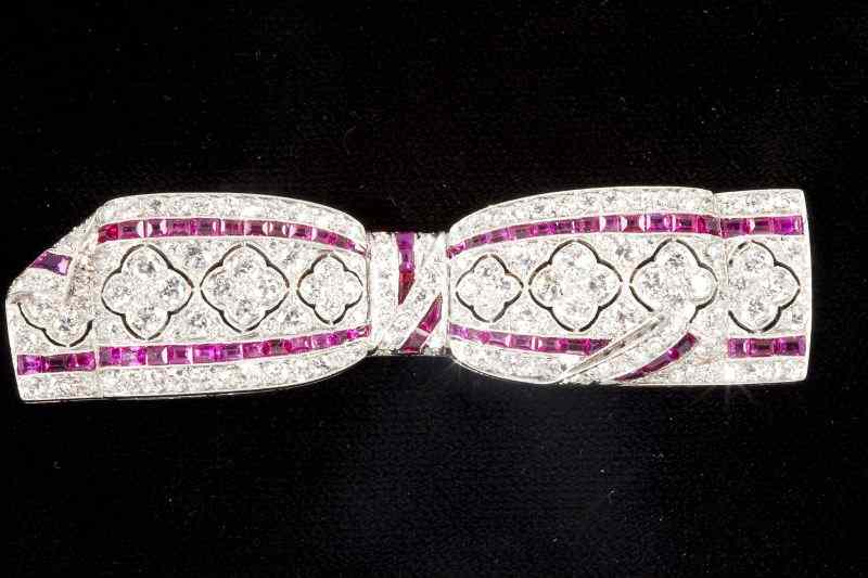 Appraisal: Fine Art Deco Diamond and Ruby Bow Broochdesigned as a