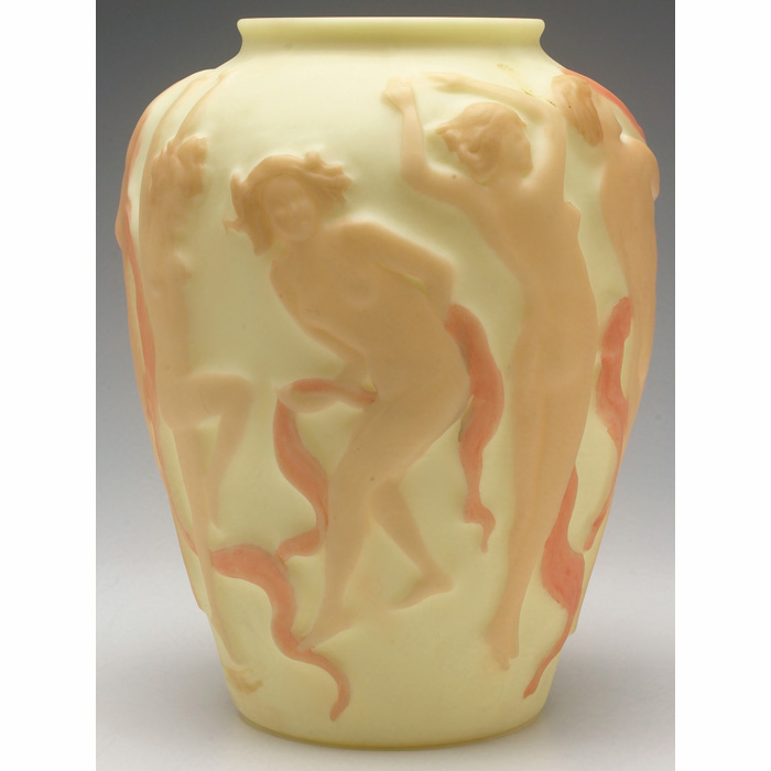 Appraisal: Consolidated vase tapered glass shape with dancing nudes in tan