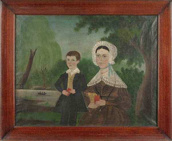 Appraisal: American oil on canvas folk portrait of a mother and