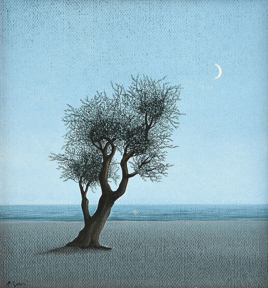 Appraisal: A BELGIAN SURREALIST STYLE PAINTING Tree and Moon TH CENTURY