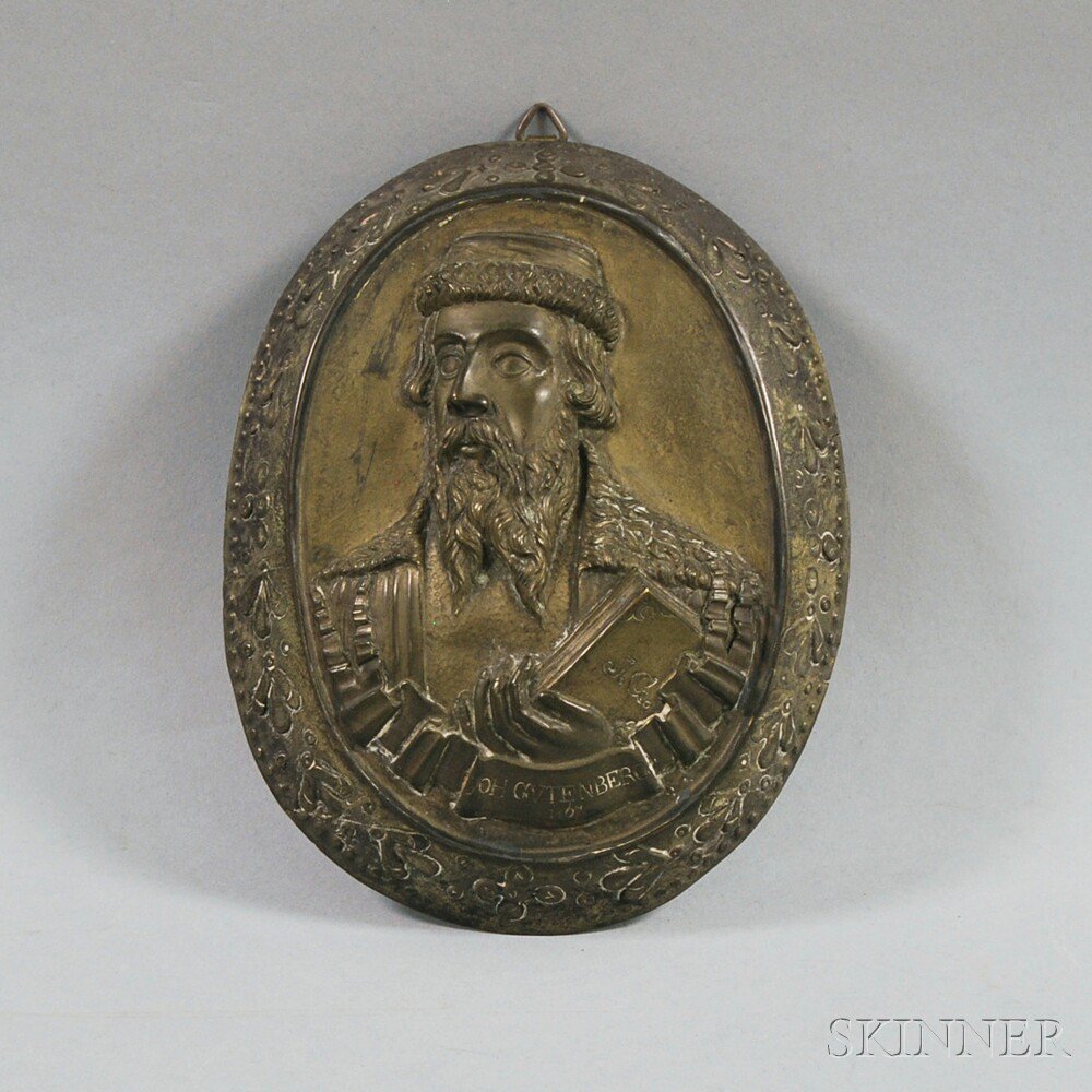 Appraisal: Relief-molded Brass Plaque of Johannes Gutenberg th century with foliate-decorated