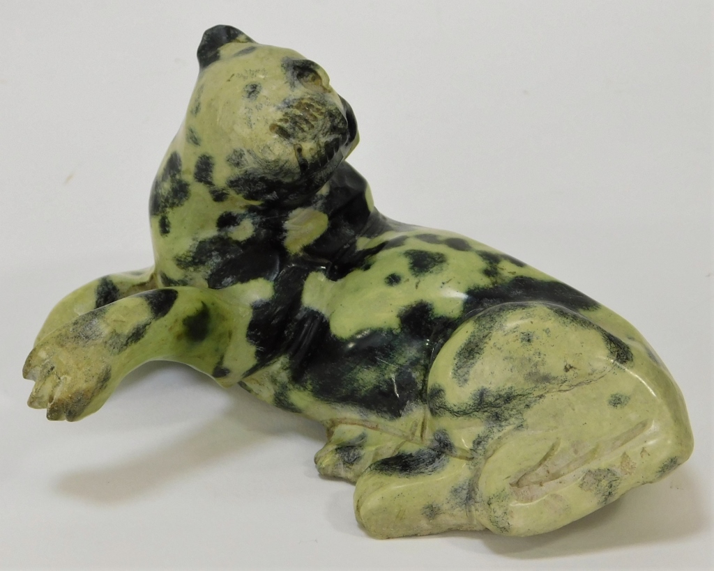 Appraisal: CHINESE CARVED SOAPSTONE FIGURAL LEOPARD STATUE China Qing DynastyLounging leopard