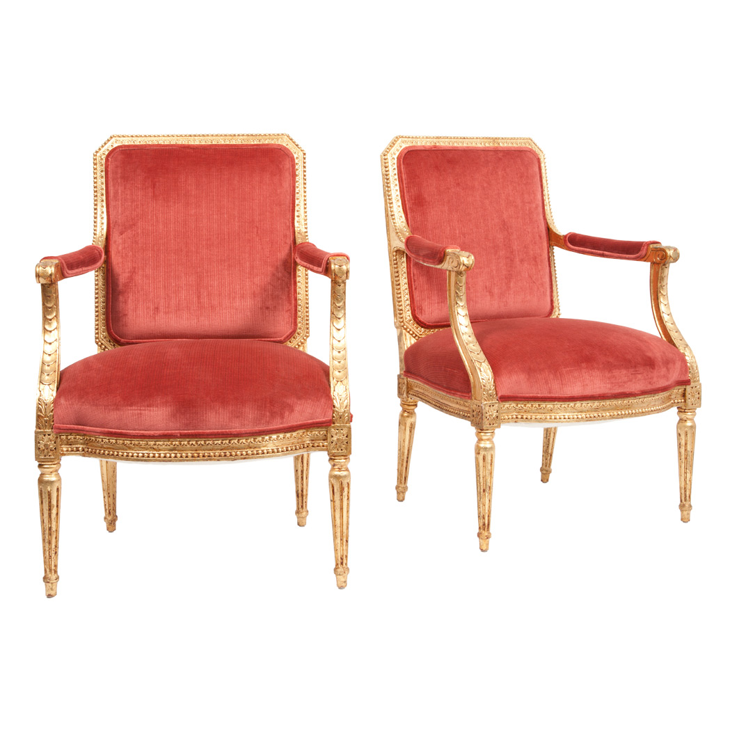 Appraisal: Pair of Louis XVI Style Giltwood Fauteuils Each straight bead