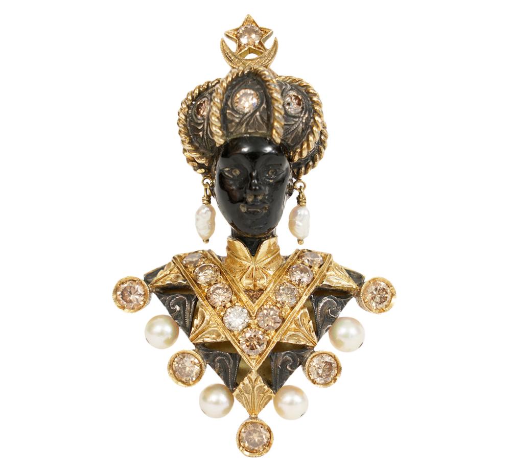 Appraisal: NARDI DIAMOND PEARL BLACK CORAL K BROOCHImportant Nardi Blackamoor brooch