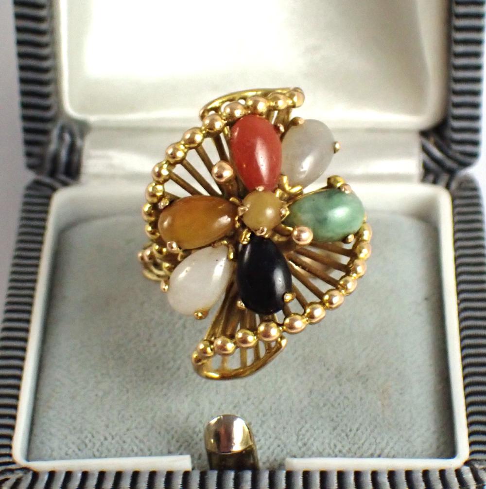 Appraisal: MULTI COLOR JADE AND FOURTEEN KARAT GOLD RING with six