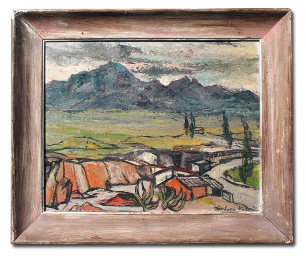 Appraisal: KANE Theodora American - Country Landscape with Mountains OIL Masonite