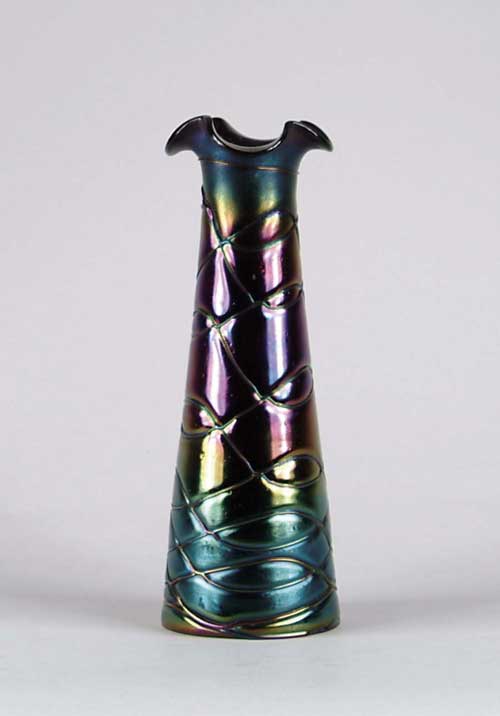 Appraisal: LOETZ STYLE THREADED IRIDESCENT VASE Ruffled top in tapering form