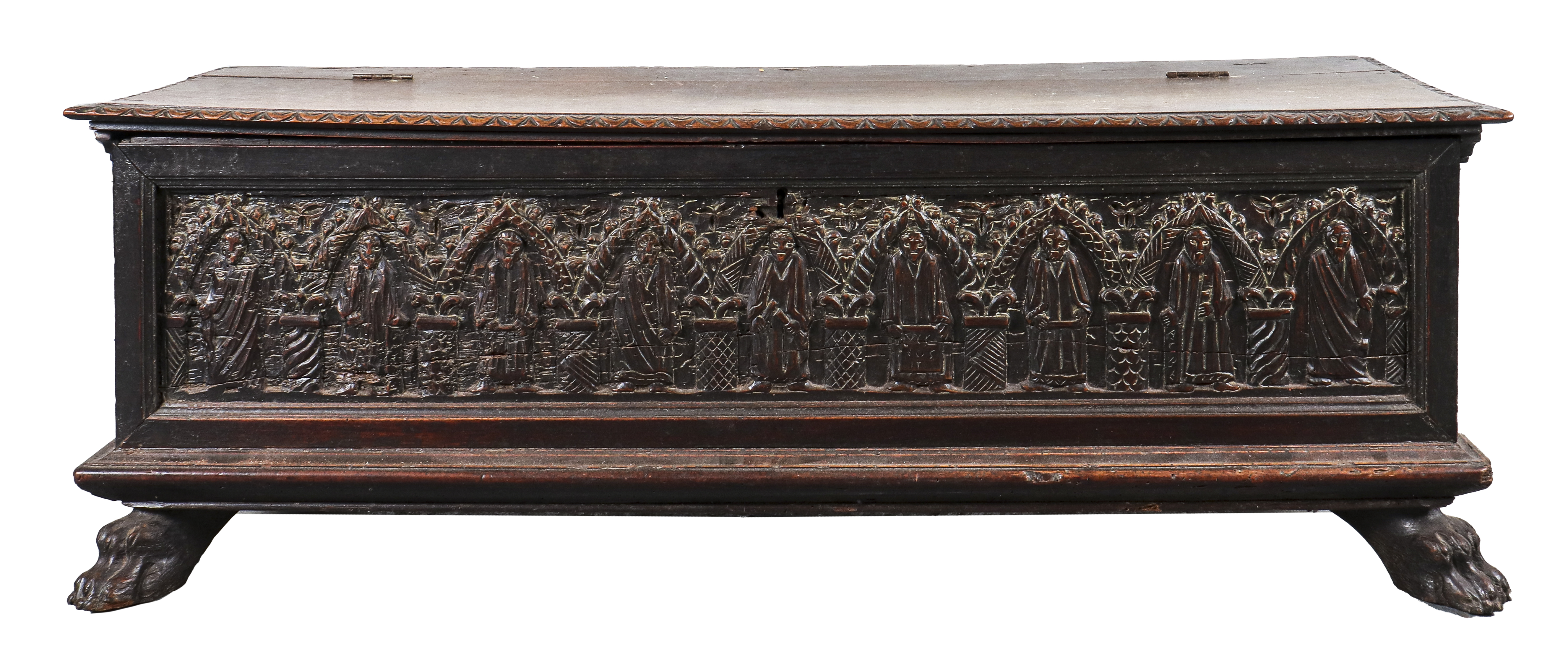 Appraisal: ITALIAN CARVED OAK CASSONE Italian carved oak cassone with carved