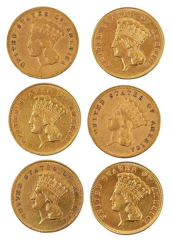 Appraisal: Group of Six Three Dollar Gold Coins dates include Provenance