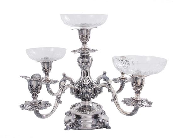 Appraisal: Reed Barton silverplate and glass epergne floral-and-leaf frame supporting three