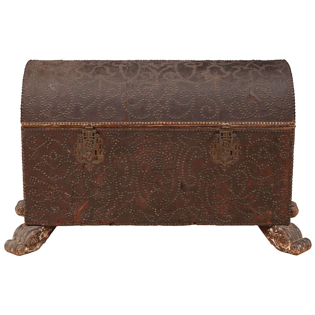 Appraisal: Renaissance Style Leather Lined Coffer th Century The hinged domed