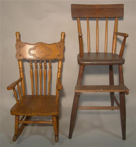 Appraisal: AMERICAN WINDSOR HIGH CHAIR AND CHILD'S ROCKING CHAIR the high