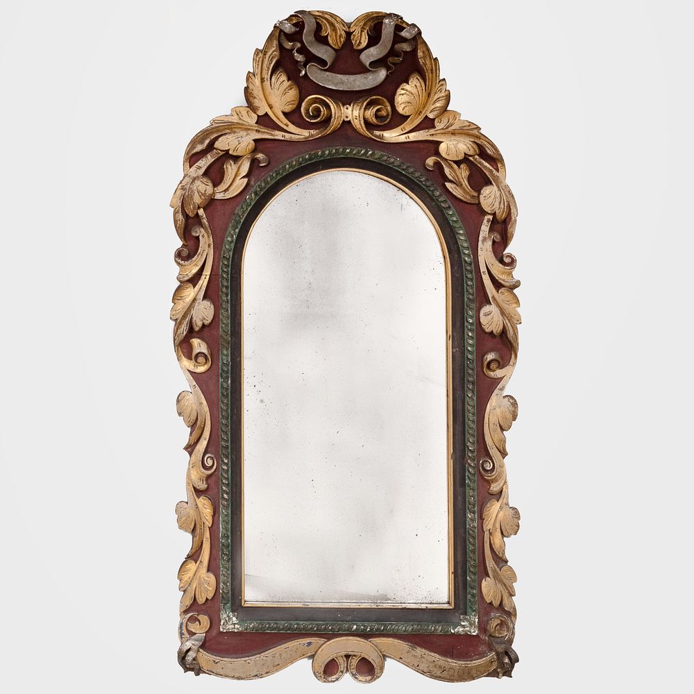 Appraisal: English Baroque Style Painted and Parcel-Gilt Mirror Carved on the