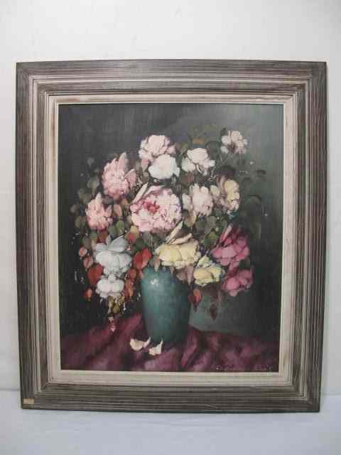 Appraisal: Old oil on canvas framed floral painting Signed lower right