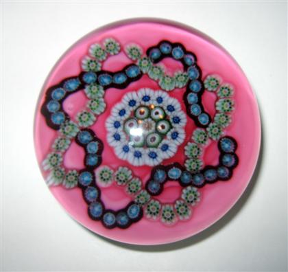 Appraisal: Antique Clichy millefiori interlaced trefoil garland pink ground paperweight With