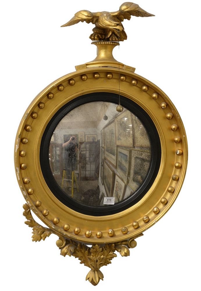 Appraisal: Regency Convex Mirror with carved gold eagle th century x