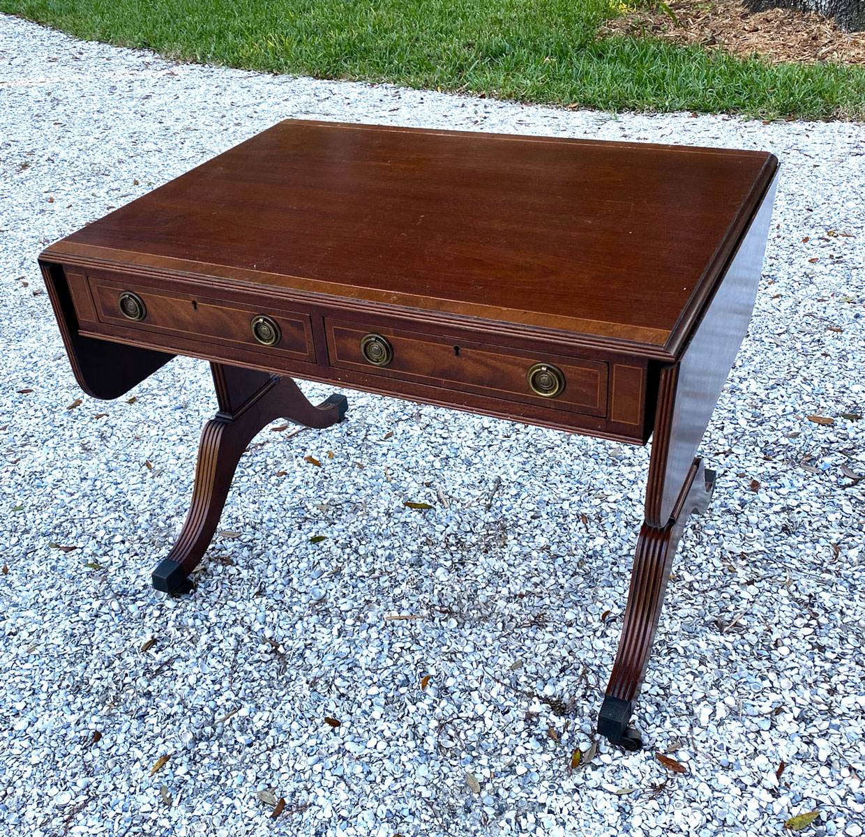 Appraisal: DROP LEAF INLAID MAHOGANY SOFA TABLE Duncan Phyfe style drawer