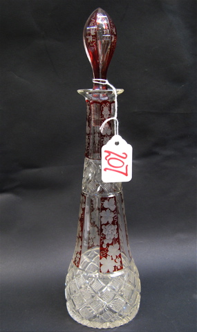 Appraisal: RUBY-RED CLEAR GLASS DECANTER early th century cut and engraved