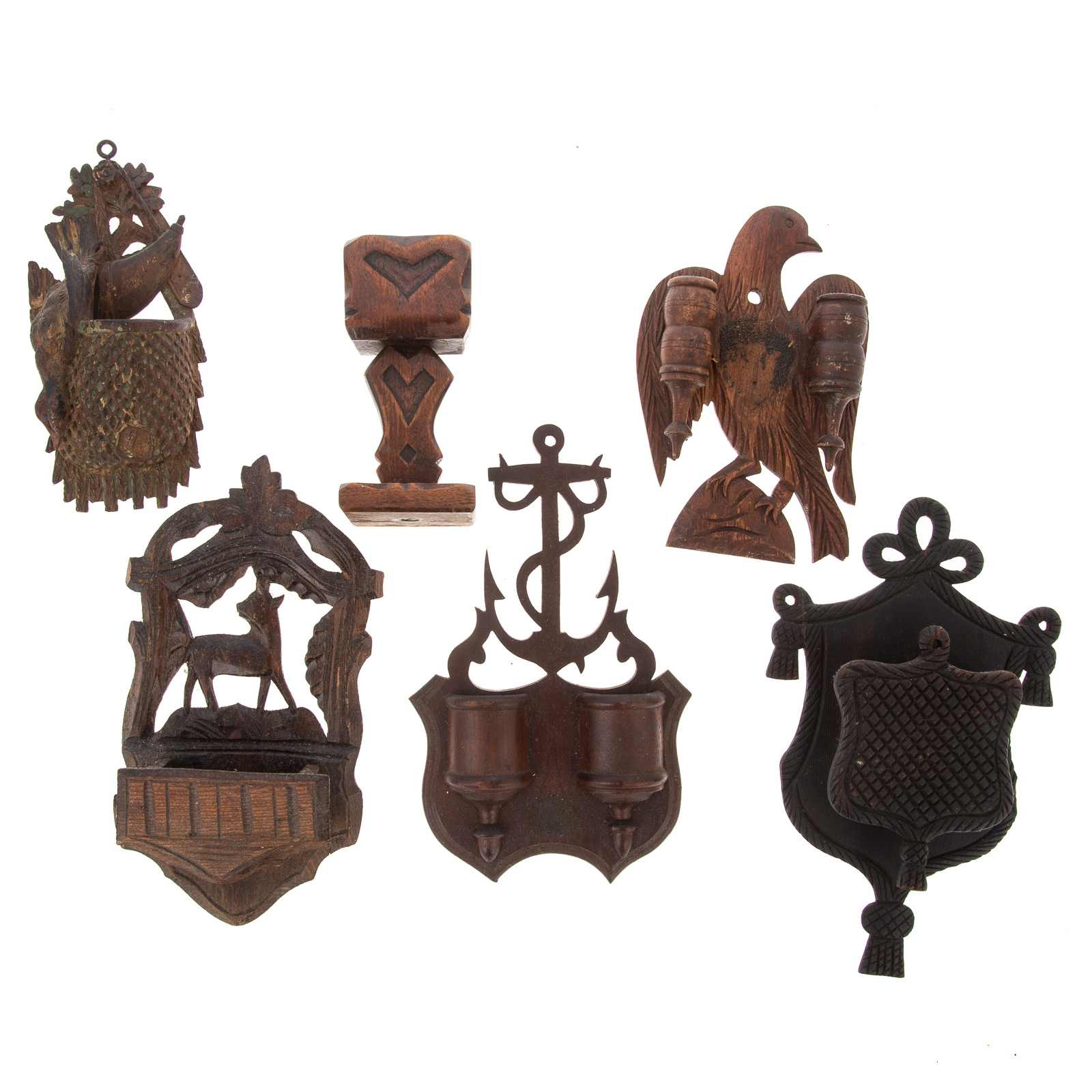 Appraisal: FIVE FOLK ART WALL POCKETS A MATCHSTICK HOLDER Size of