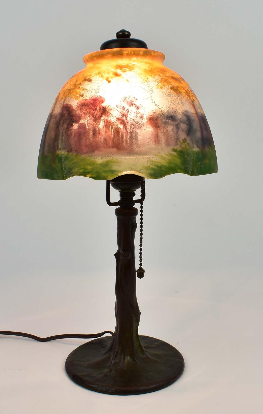 Appraisal: HANDEL REVERSE PAINTED GLASS BOUDOIR LAMP - The shade signed