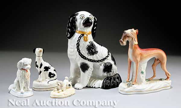 Appraisal: A Group of Five Antique Staffordshire Earthenware Dogs mid- th