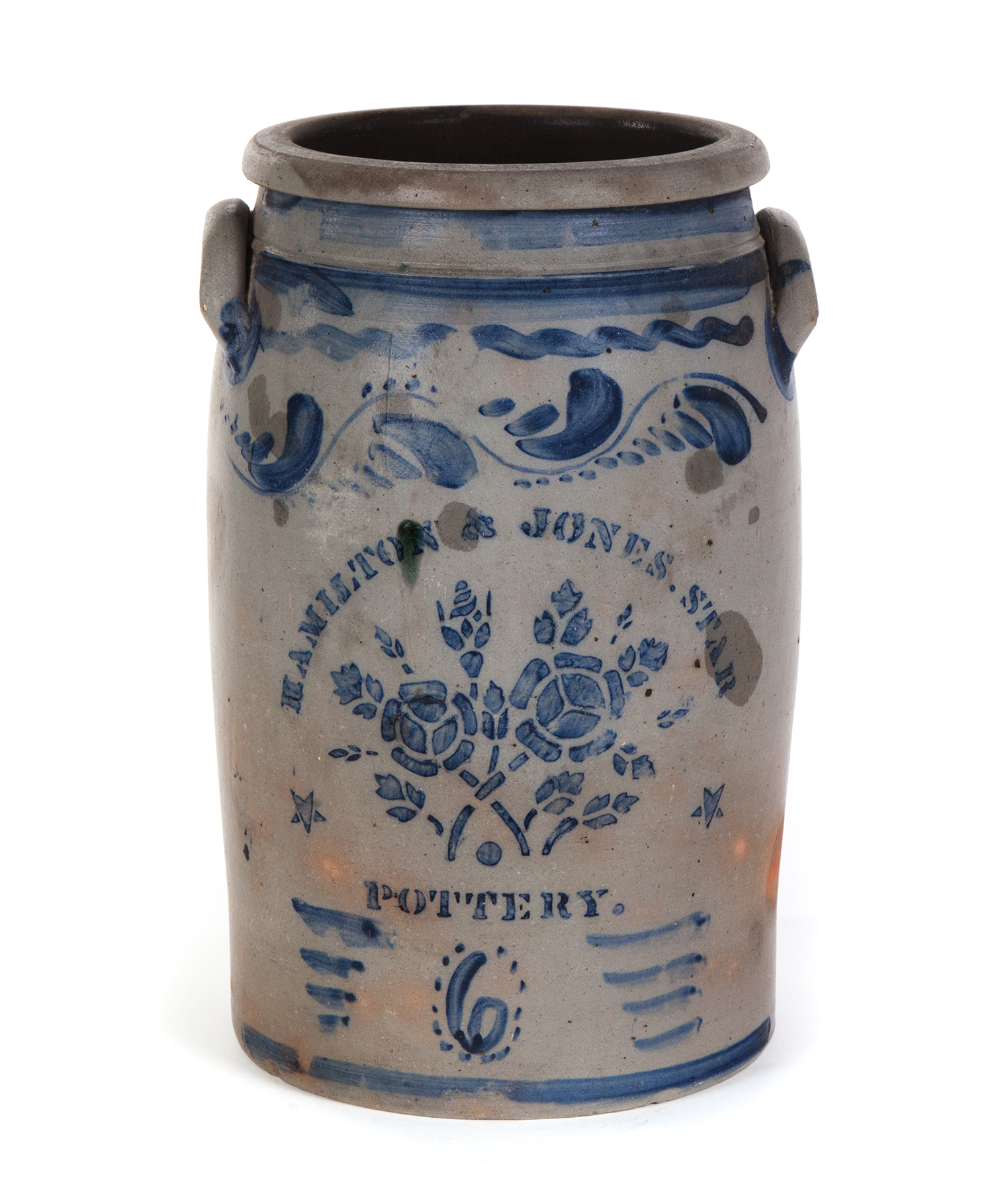 Appraisal: PENNSYLVANIA STONEWARE CHURN Second half- th century Freehand and stenciled