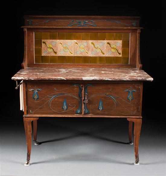 Appraisal: English Arts and Crafts paint decorated oak marble top server