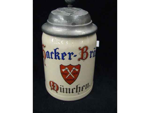 Appraisal: German Pottery Advertising Stein liter pewter lid Harker-Brau