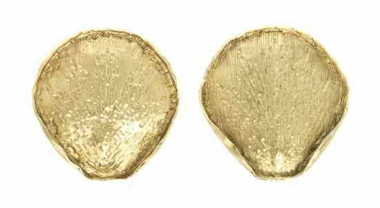 Appraisal: A Pair of Karat Yellow Gold Textured Shell Motif Earclips