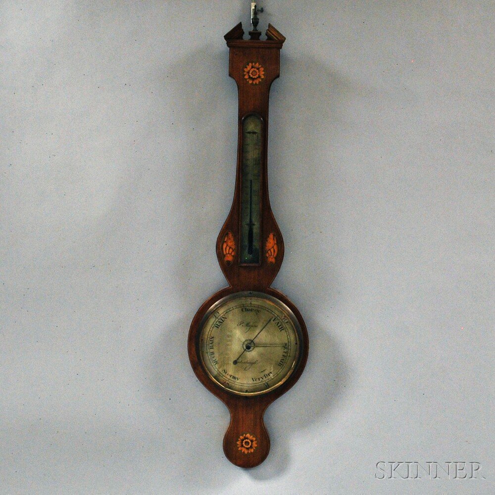 Appraisal: P Mafino Inlaid Mahogany Wheel Barometer Edinburgh Scotland c pitch