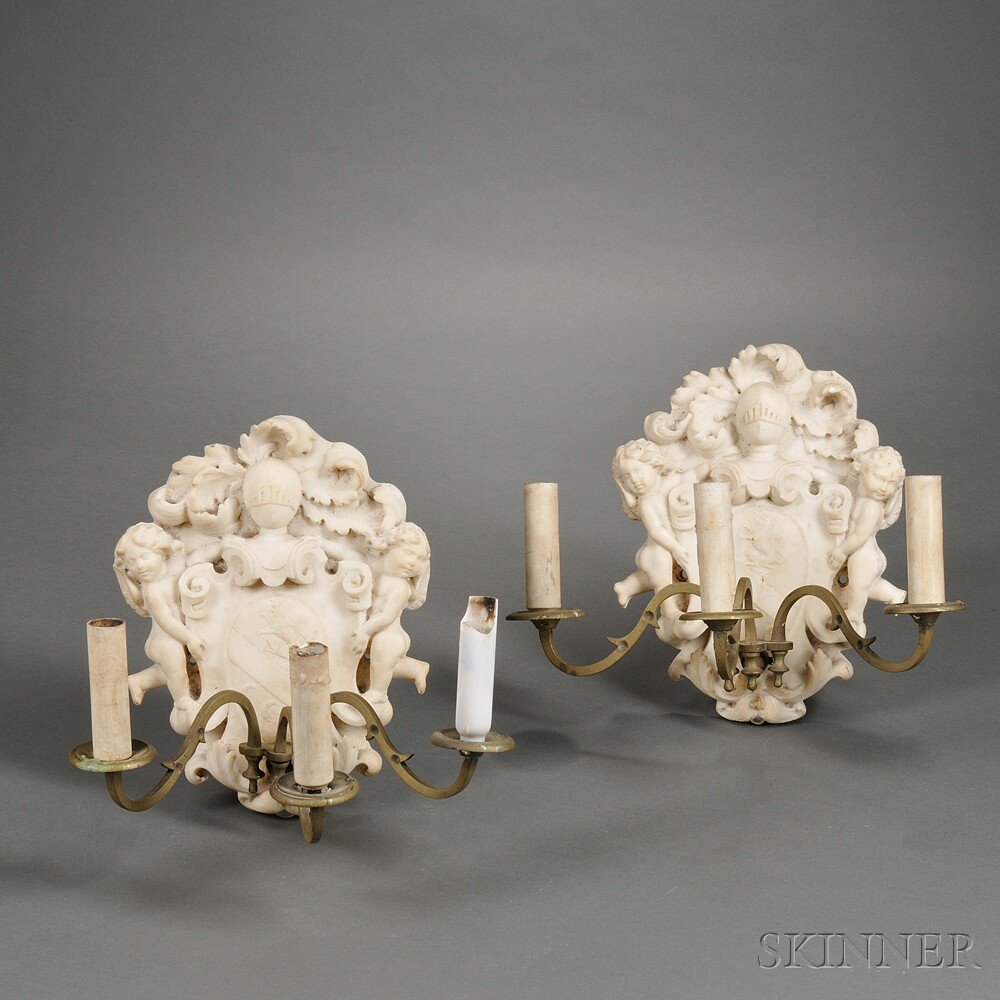 Appraisal: Pair of Carved Marble and Brass Three-light Wall Sconces th