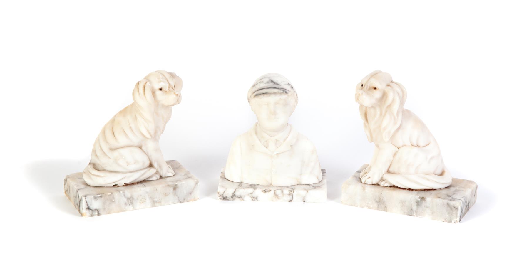 Appraisal: THREE ALABASTER FIGURAL SHELF PIECES Twentieth century Mirrored pair of